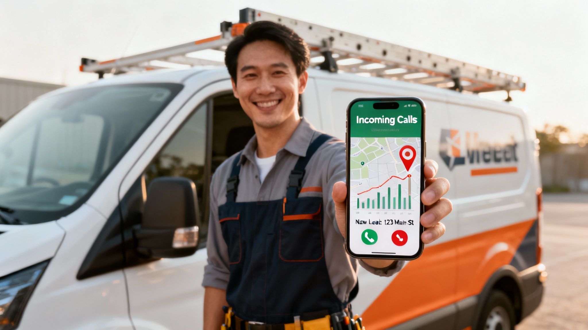 Smiling technician in work overalls holds a smartphone displaying a calls app with a map, next to a work van.