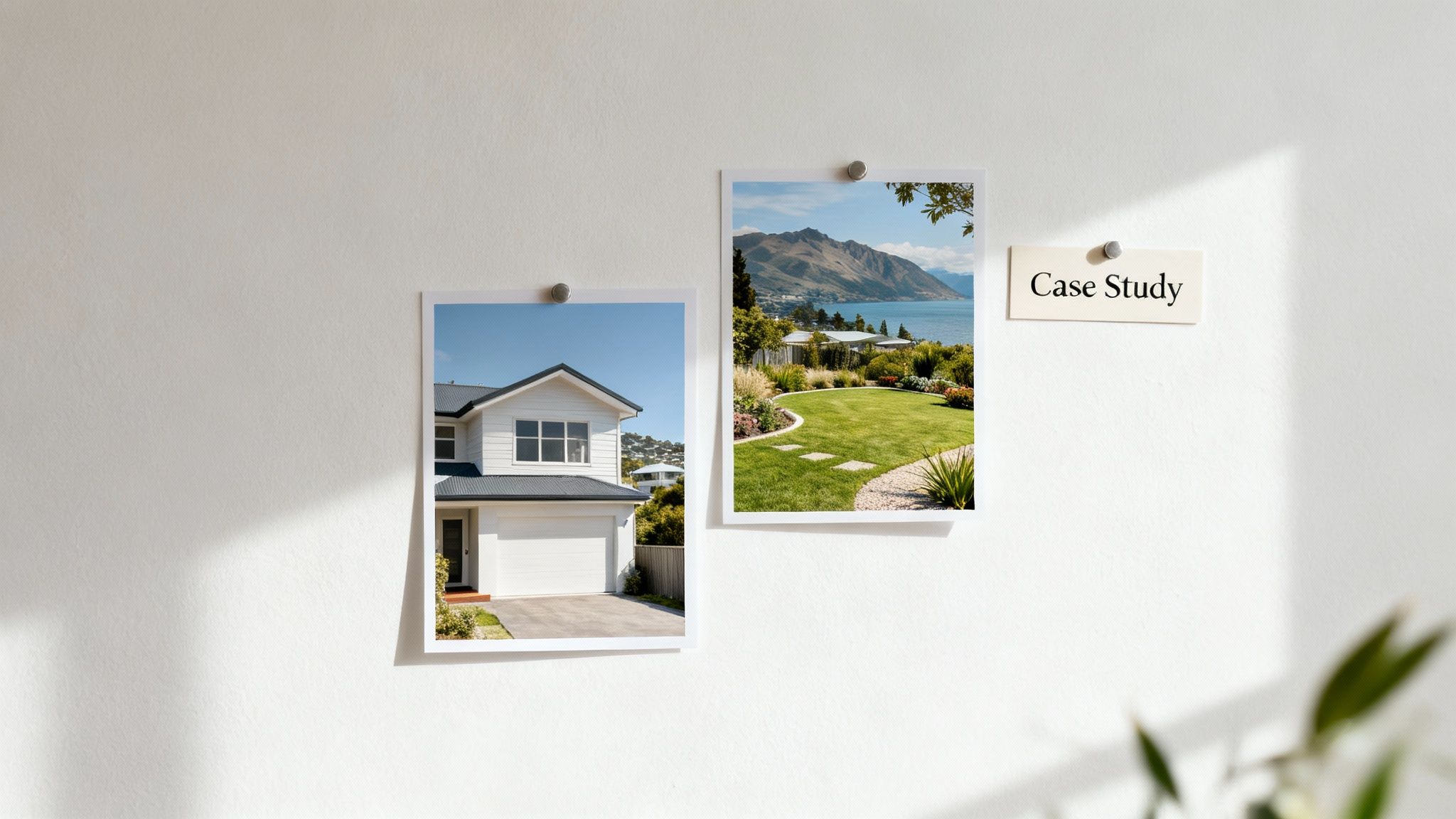 Two New Zealand tradies discussing a digital marketing plan on a tablet.