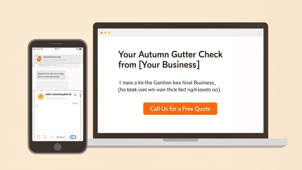 Digital advertisement for an autumn gutter check service displayed on a laptop and mobile phone.