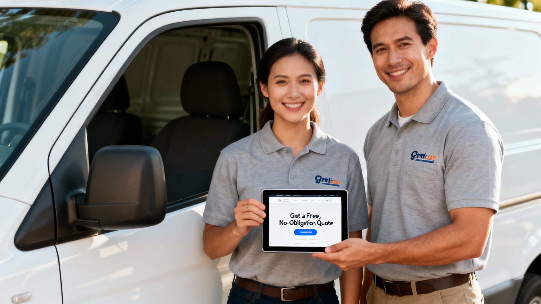 Two smiling service team members in grey uniforms holding a tablet showing a free quote website.
