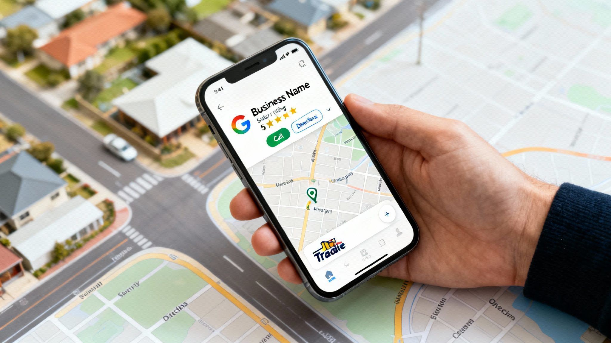 Hand holding a smartphone showing a business profile on a map app, with a residential area in the background.