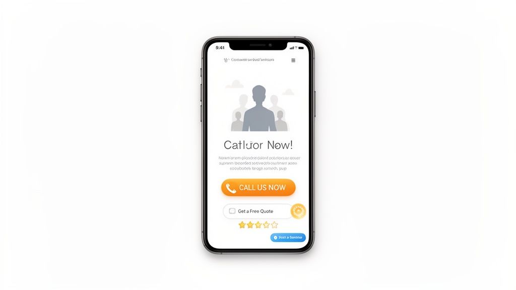 A smartphone displaying a business service landing page with a 'Call Us Now' button and a star rating.