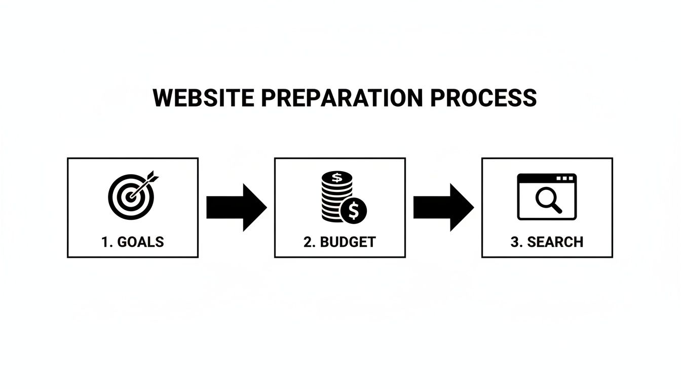 Flowchart illustrating the website preparation process, detailing steps for goals, budget, and search.