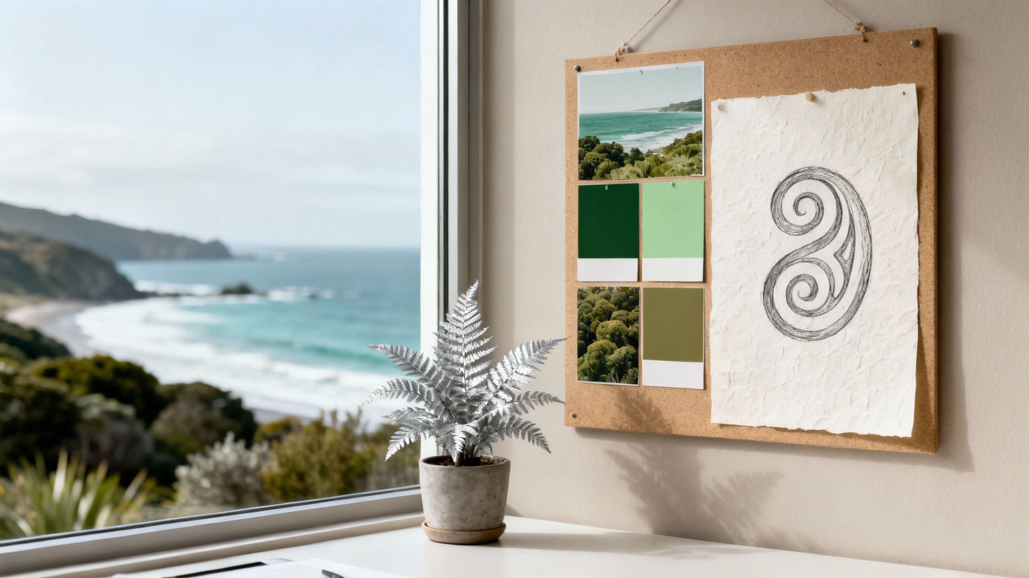 Coastal workspace with a silver fern, mood board featuring Māori design, beach photos, and green swatches.