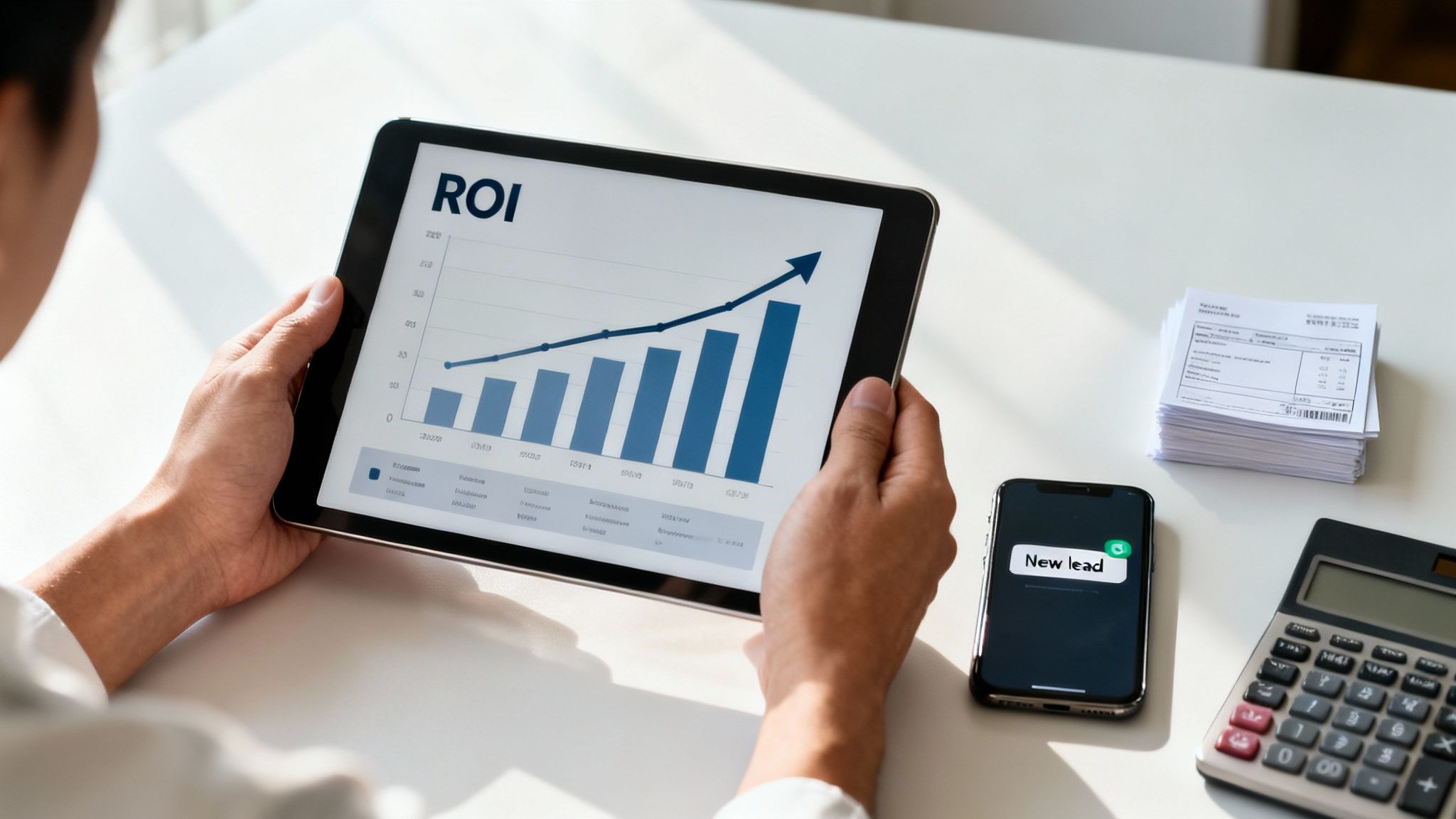 Person holding tablet displaying ROI growth graph, smartphone shows 'New lead' notification on white desk.