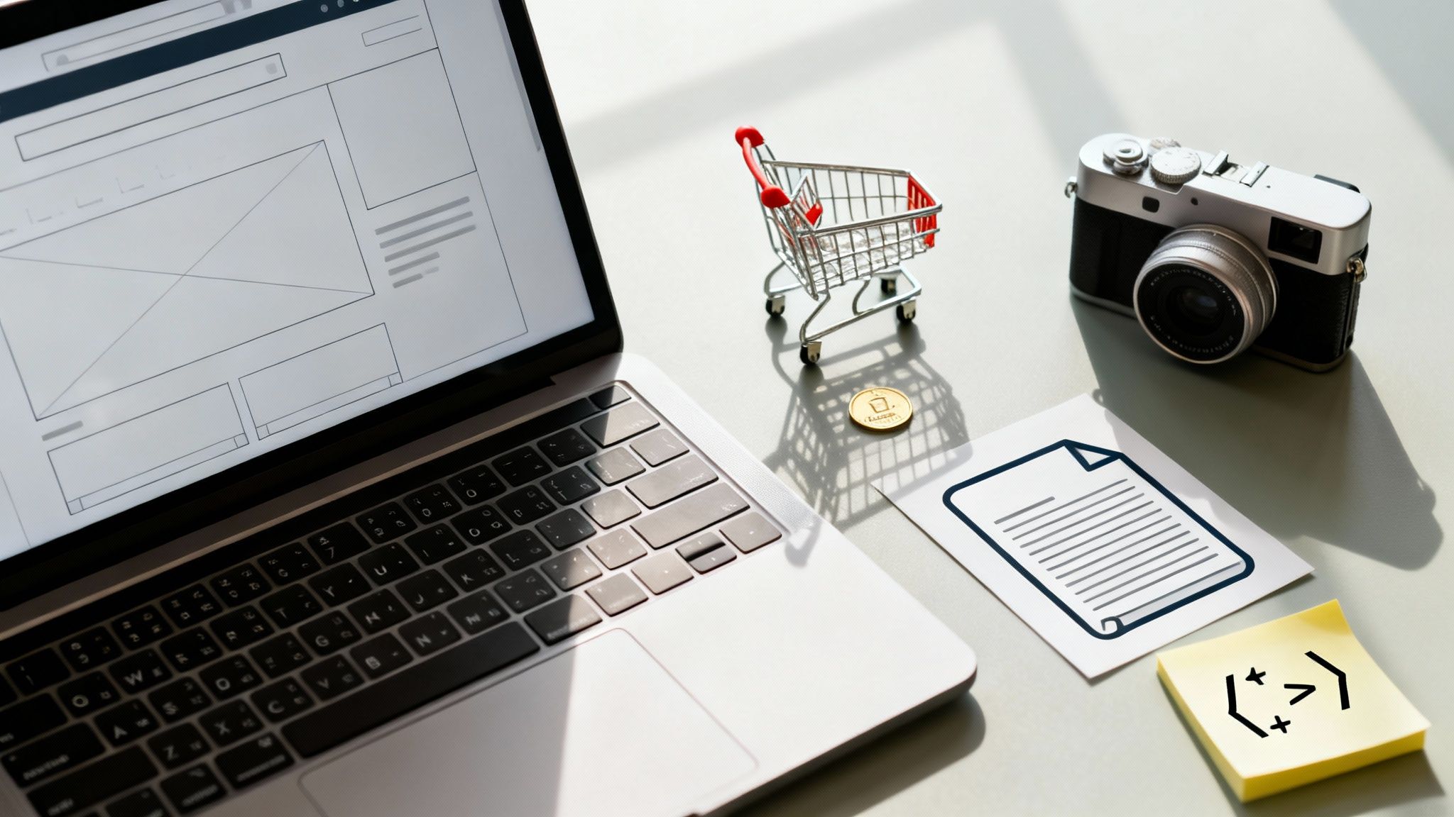 A laptop displaying a website wireframe, alongside a shopping cart, camera, coin, and document icon on a desk.