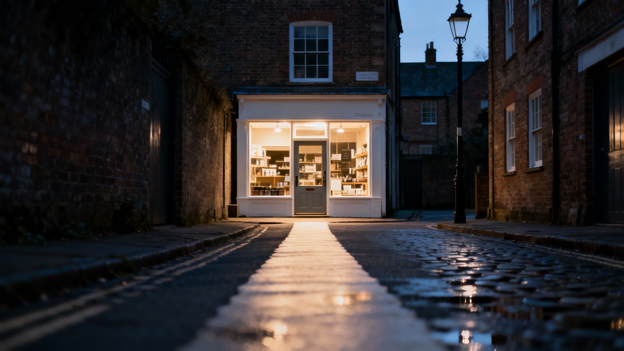 A charming storefront brightly illuminated at dusk, reflecting on a wet cobblestone street.