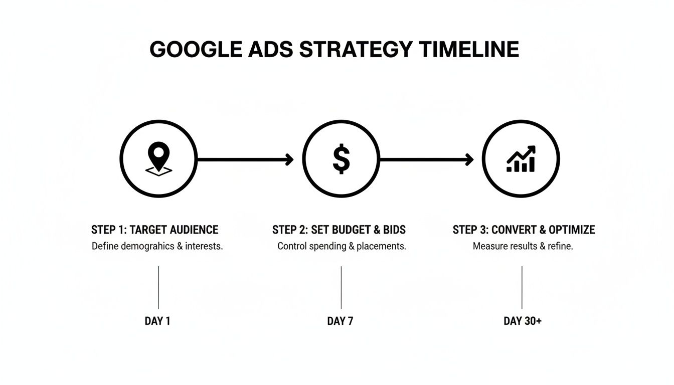 Google Ads strategy timeline with steps for targeting audience, setting budget, and optimizing campaigns.