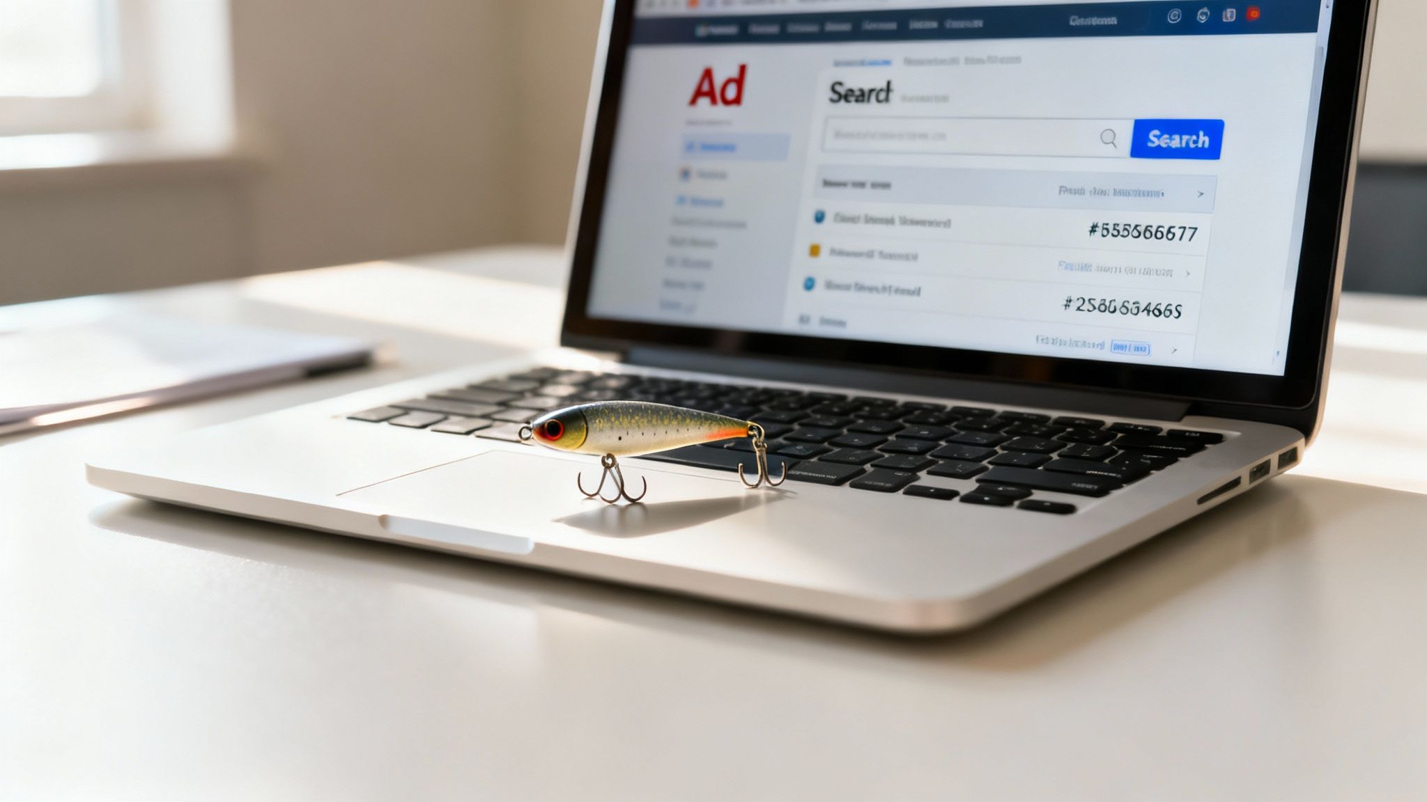 A fishing lure rests on a laptop displaying a search engine ad interface with search results.