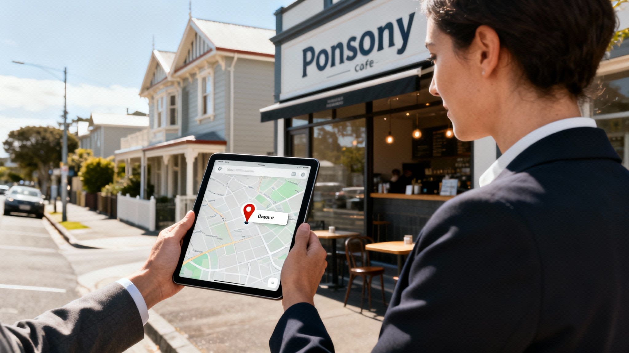 A person holds a tablet displaying a digital map with a location pin, looking towards Ponsony Cafe.