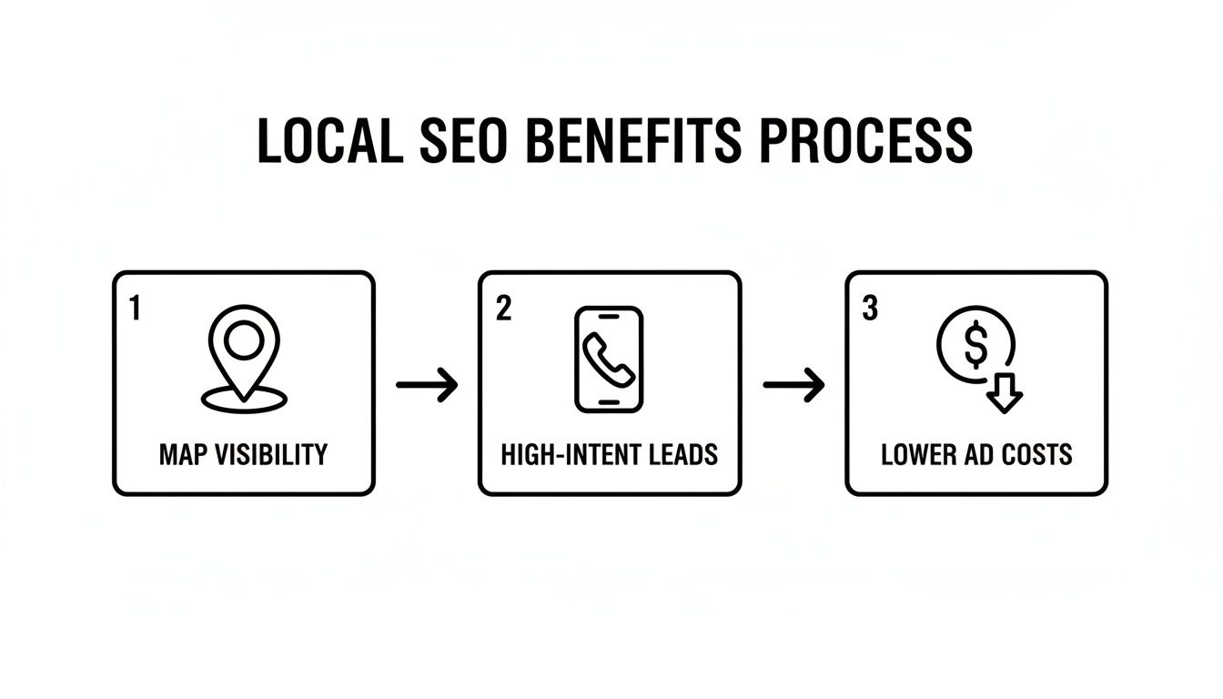 A three-step diagram showing the local SEO benefits process: map visibility, high-intent leads, and lower ad costs.