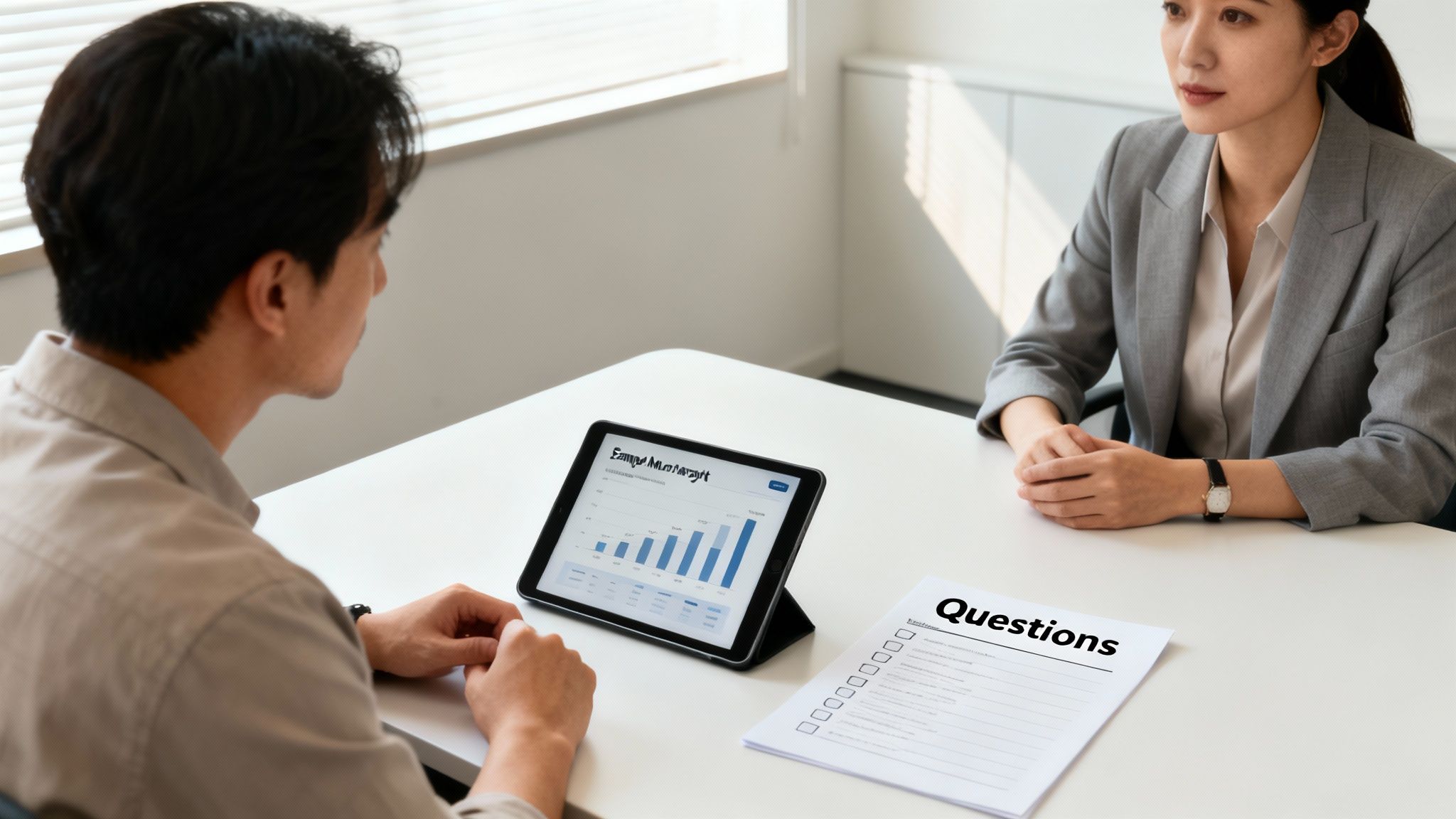 Two professionals in a business meeting, reviewing data charts on a tablet and a questions document.