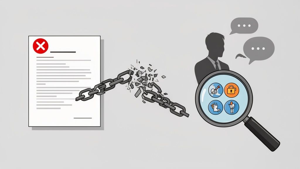 An illustration showing a document with a red X, a broken chain, and a magnifying glass revealing solution icons.