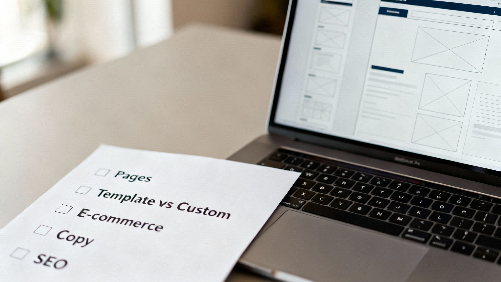 A laptop displays website wireframes next to a checklist for web design project tasks.