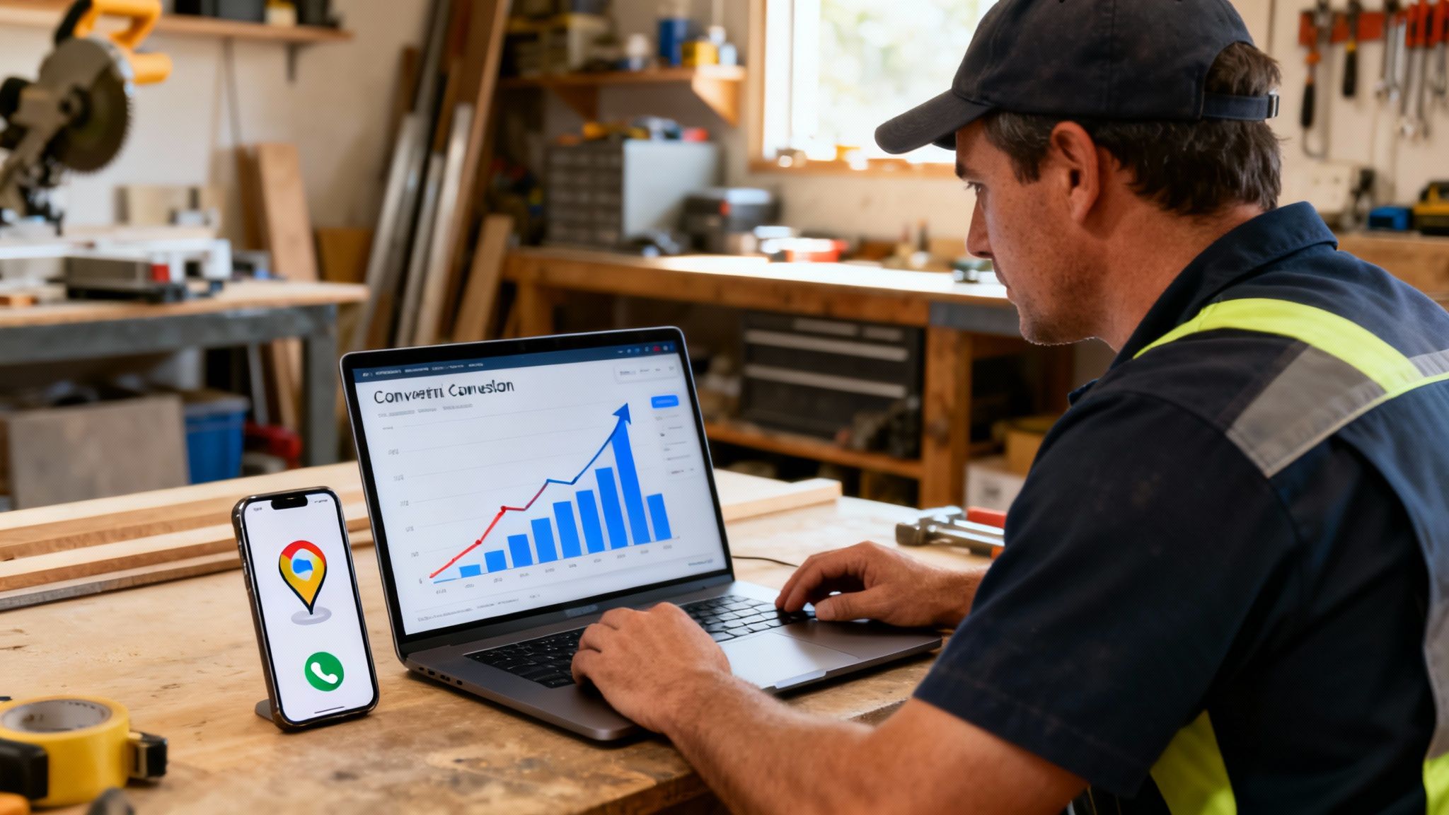 A tradesperson in a workshop uses a laptop displaying business analytics and a smartphone showing a map pin.