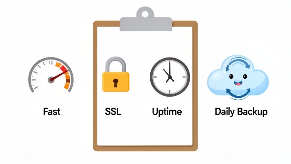 Infographic illustrating essential website hosting features: fast performance, SSL security, reliable uptime, and daily backups.