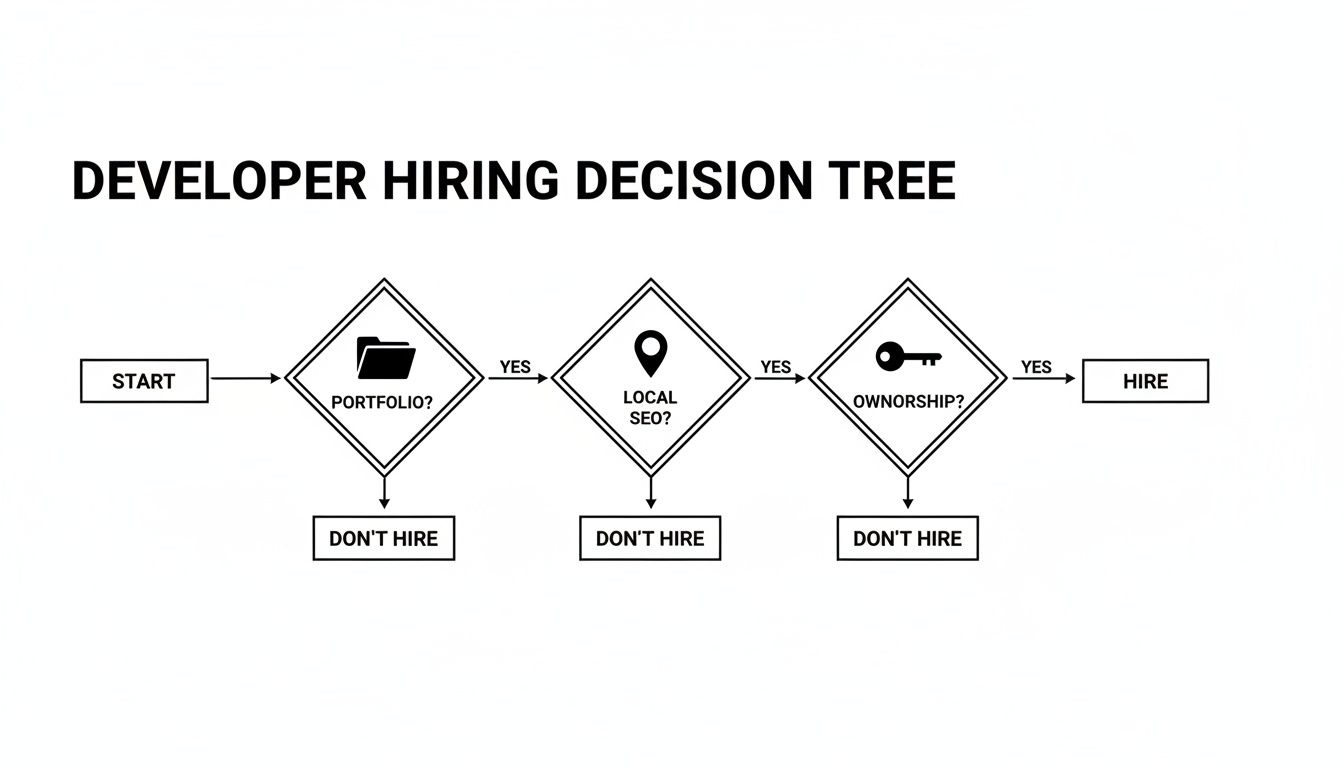 A flowchart illustrating a developer hiring decision tree based on portfolio, local SEO, and ownership.