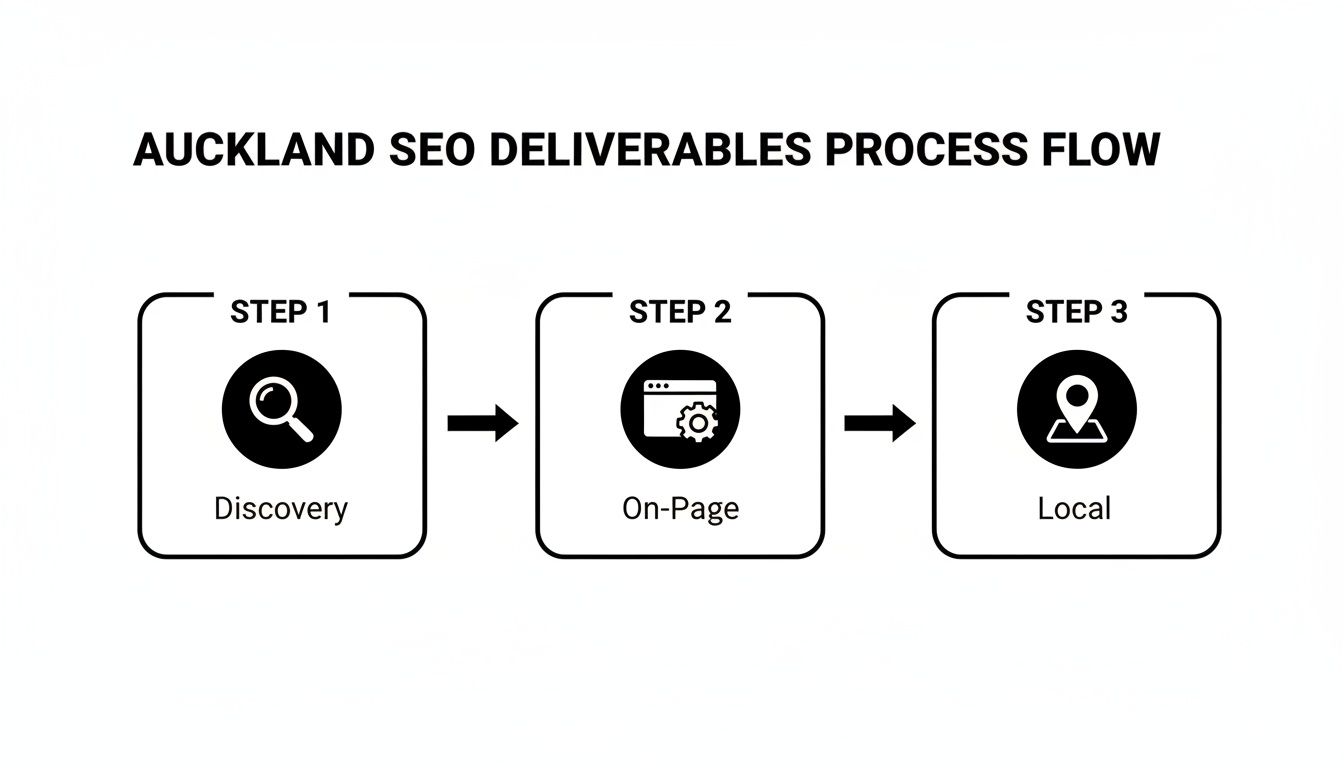 A three-step SEO deliverables process flow covering discovery, on-page optimization, and local SEO.