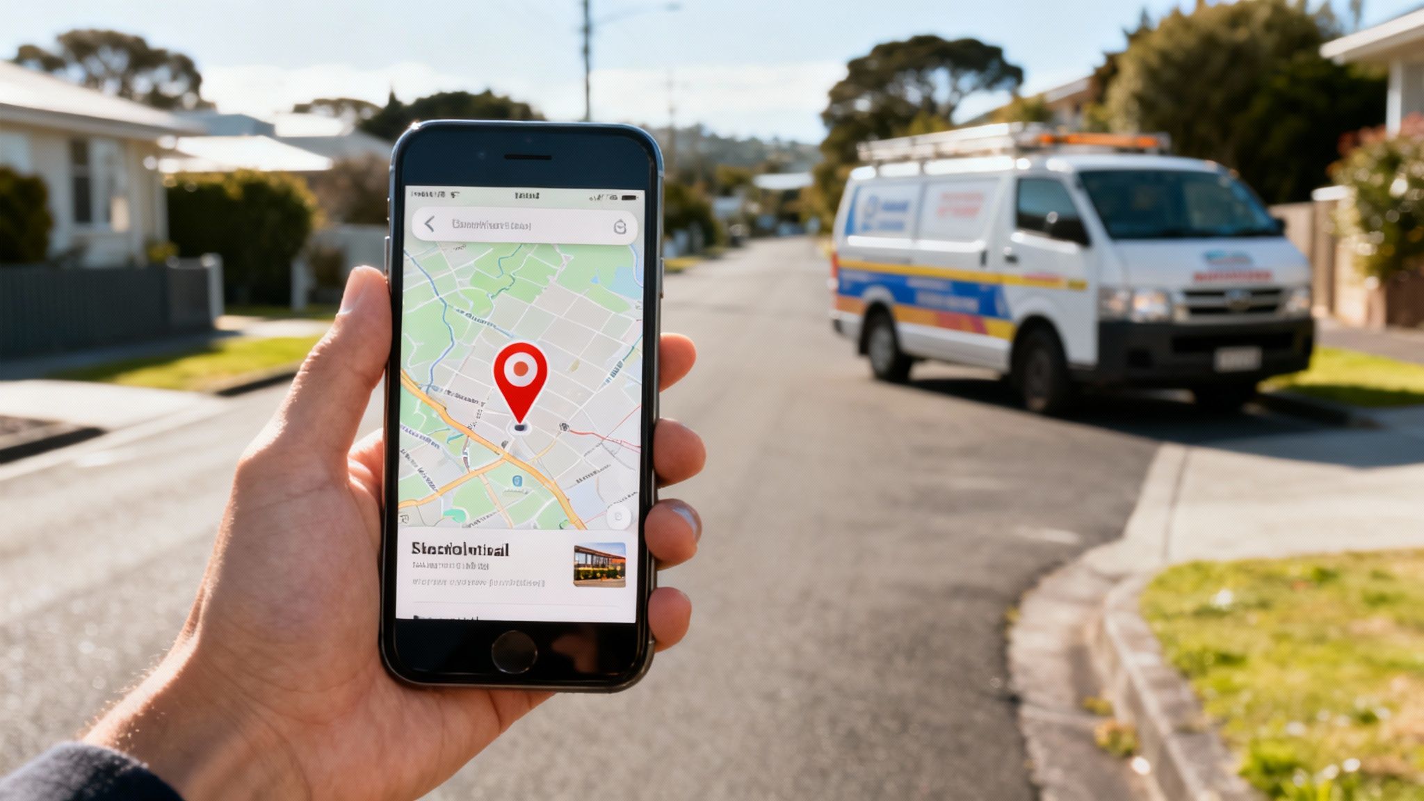 A hand holds a smartphone displaying a map application with a red location pin on a street with a white service van in the background.