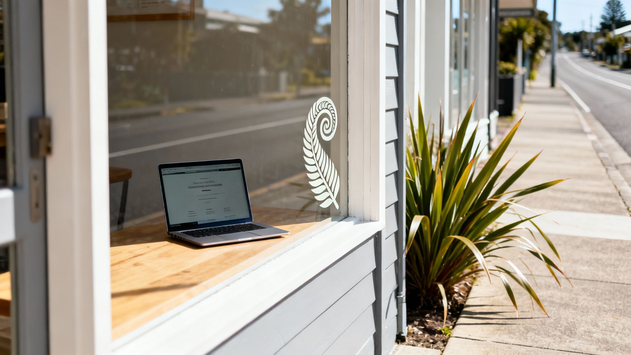 A laptop on a wooden windowsill inside a shop, with a fern logo on the glass and a street visible outside.