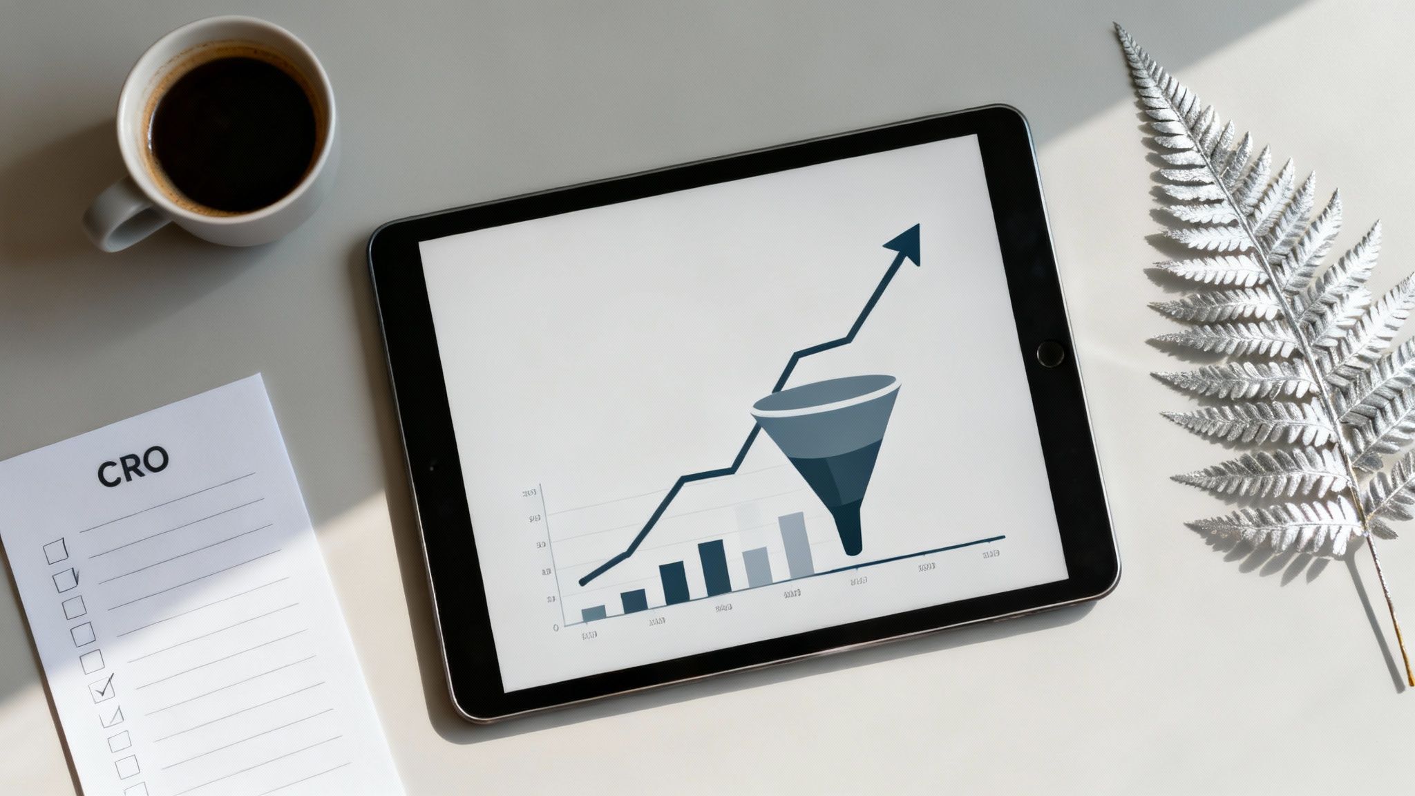 Tablet displaying conversion rate optimization funnel with growth chart and marketing analytics dashboard