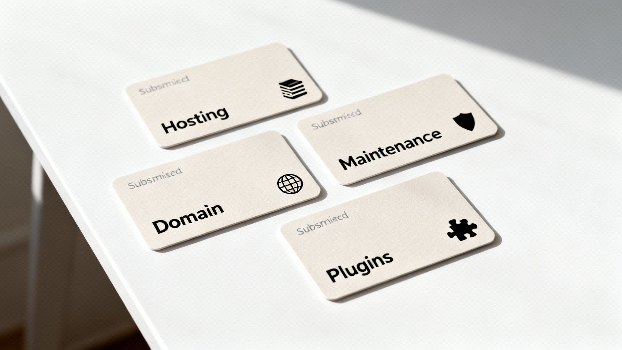 Four business cards on a white surface displaying 'Hosting', 'Maintenance', 'Domain', and 'Plugins' with related icons.