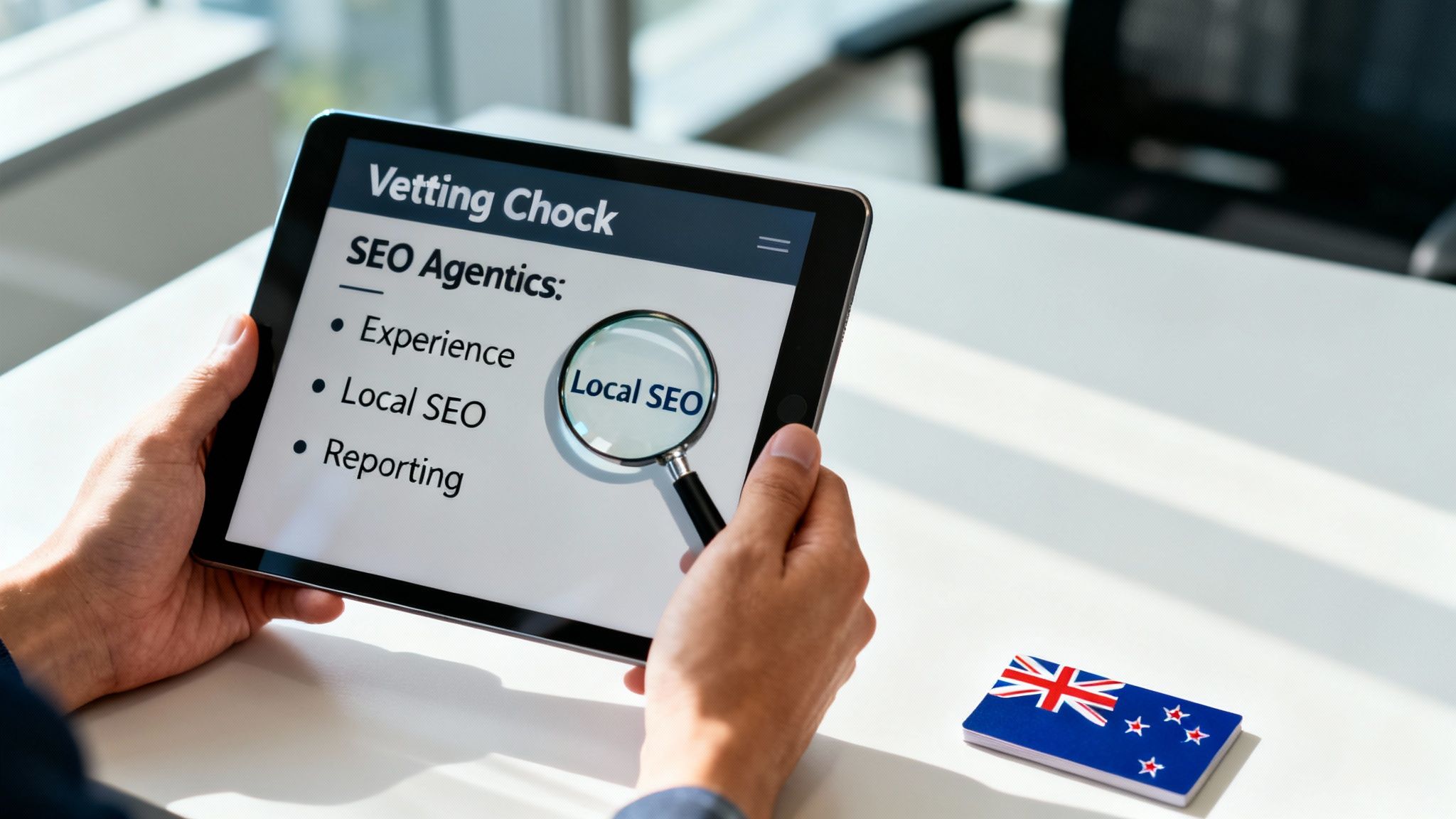 A person holds a tablet displaying an SEO agentics vetting checklist, highlighting local SEO with a magnifying glass, next to a New Zealand flag card.