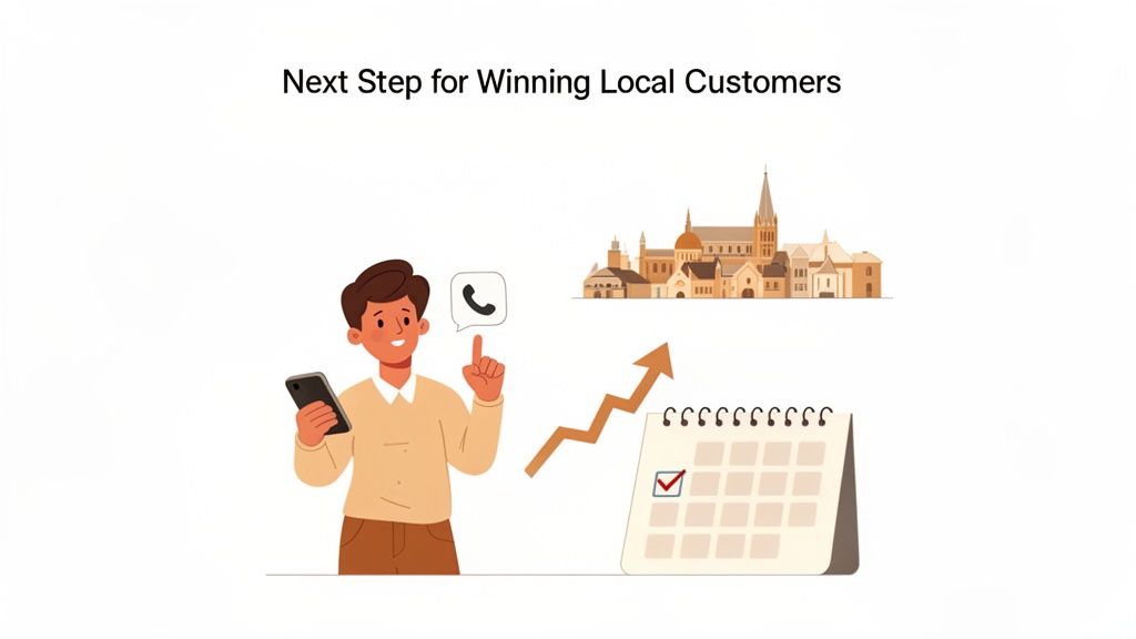 An illustration showing steps for winning local customers, including communication, growth, and planning.