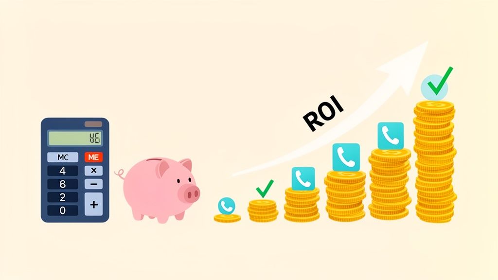 A calculator, piggy bank, and growing stacks of gold coins illustrating increasing ROI with phone calls and checkmarks.