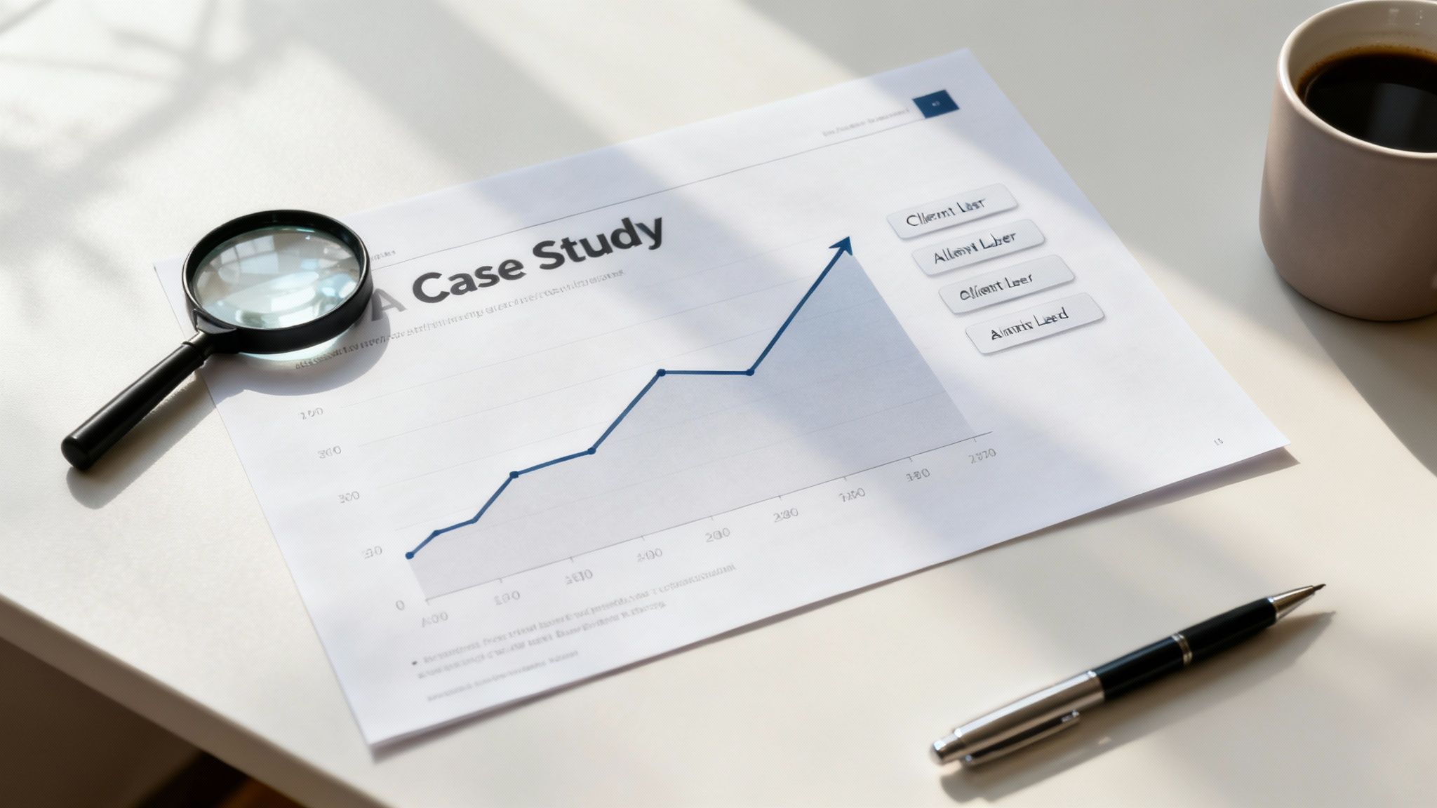 Business case study document with growth chart, magnifying glass, pen, and coffee on desk