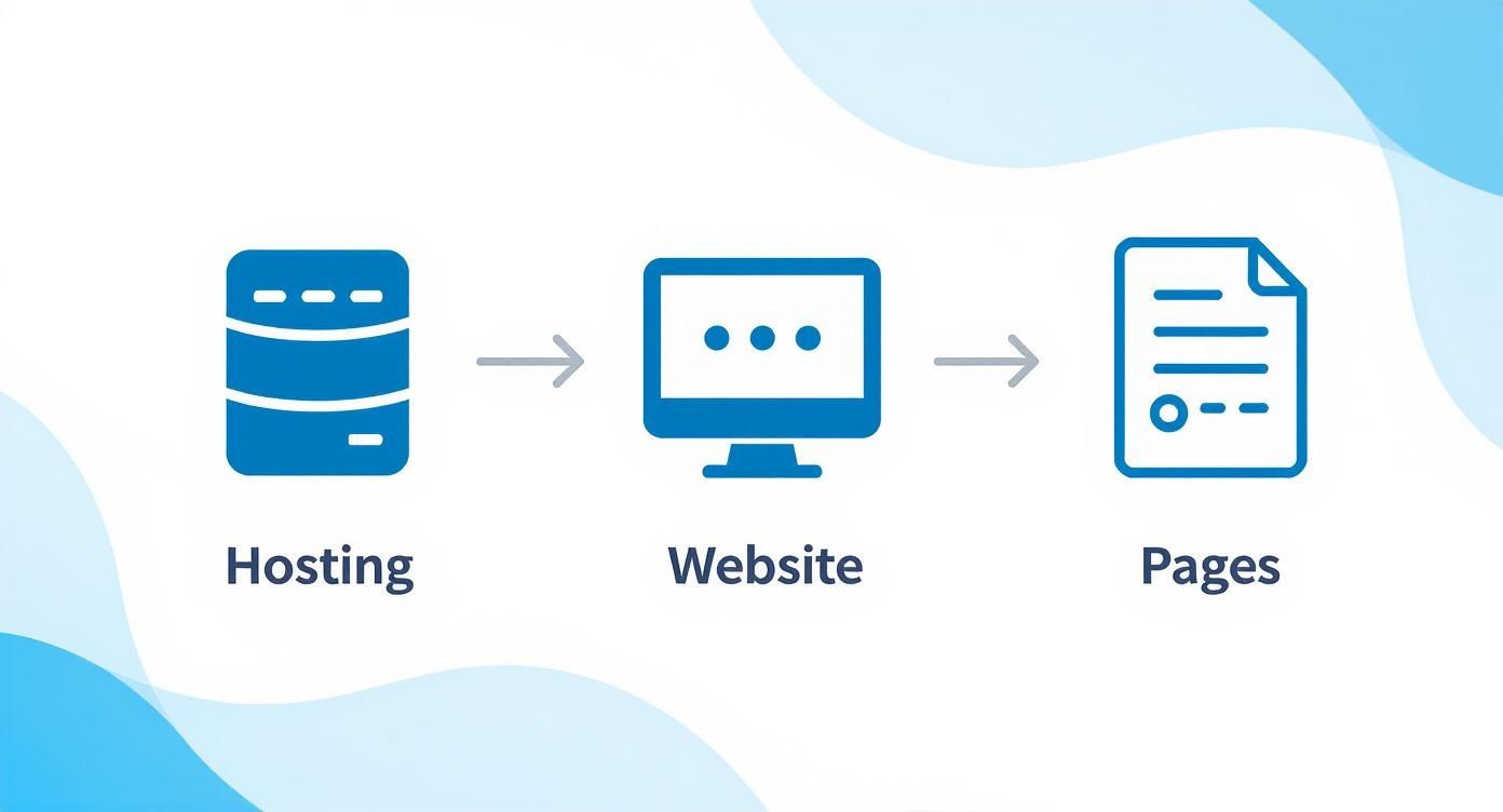 A blue infographic illustrating the process from website hosting to the website itself and its individual pages.