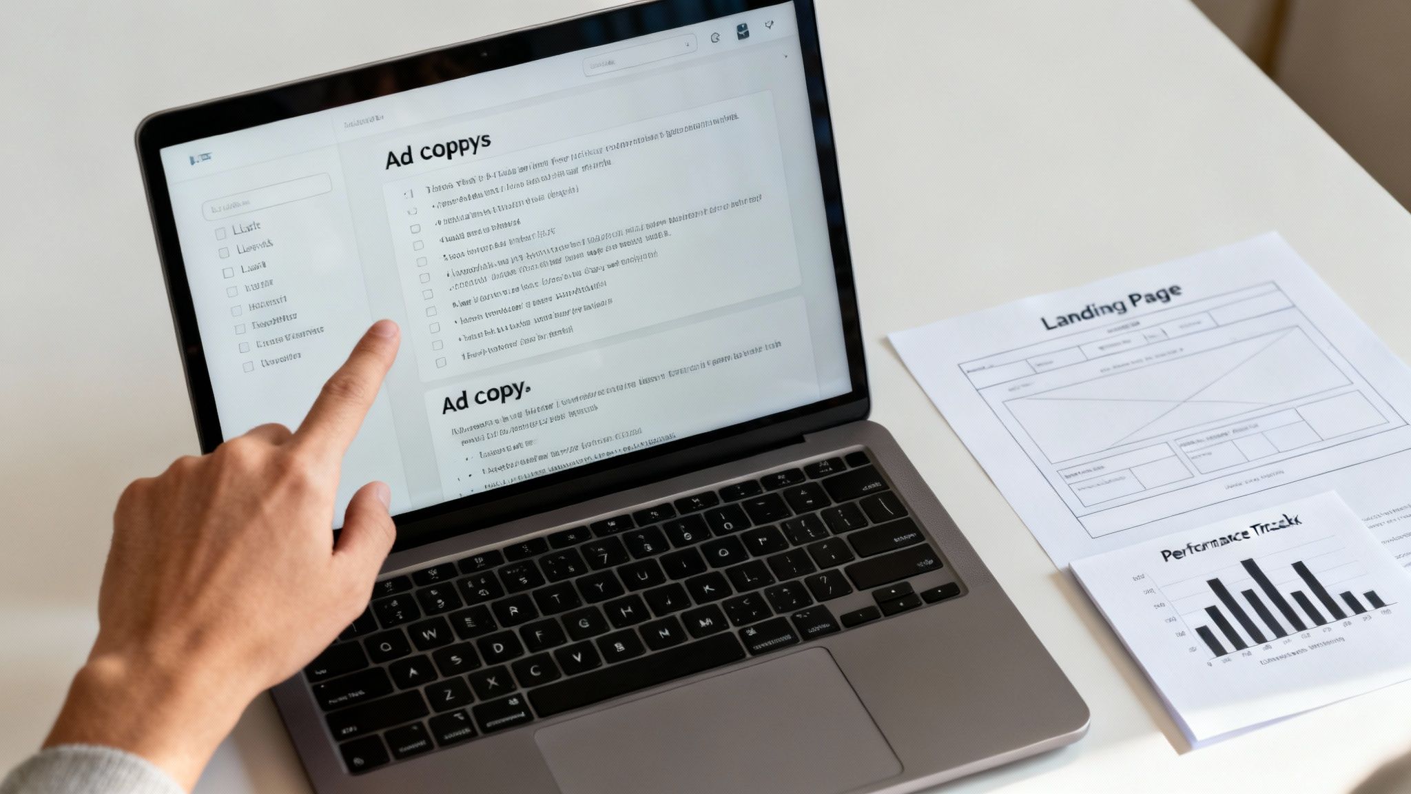 A person's hand points at a laptop screen displaying ad copies and a checklist. On the desk are documents for a landing page and performance tracking.