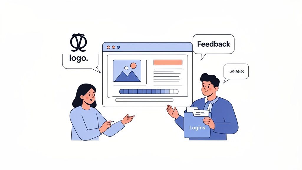 Two colleagues discussing a website's design elements, including a logo, feedback, and user logins.