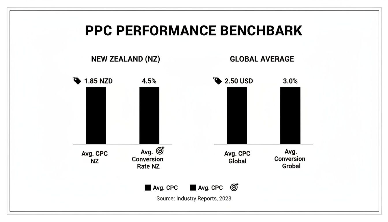 Bar chart comparing New Zealand and global average PPC performance benchmarks for CPC and conversion rates.