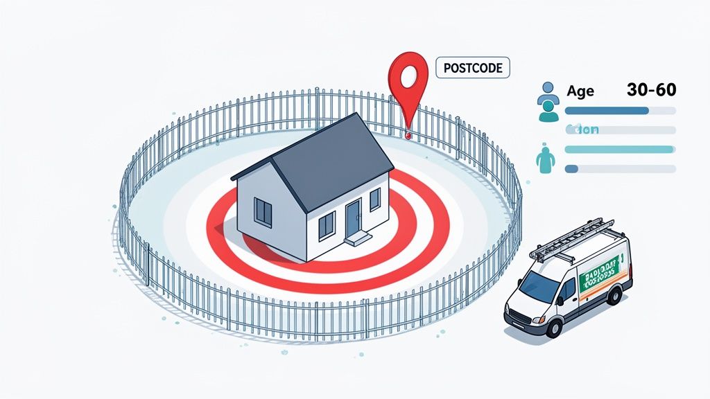Illustration of geo-targeted advertising showing a house, postcode, age range, and service van.