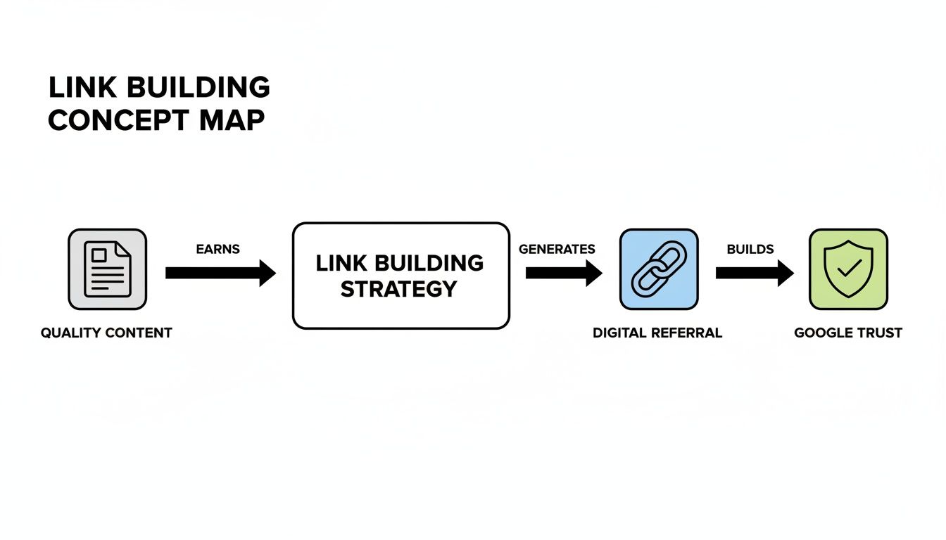 Concept map showing how quality content earns a link building strategy, generating digital referrals that build Google trust.