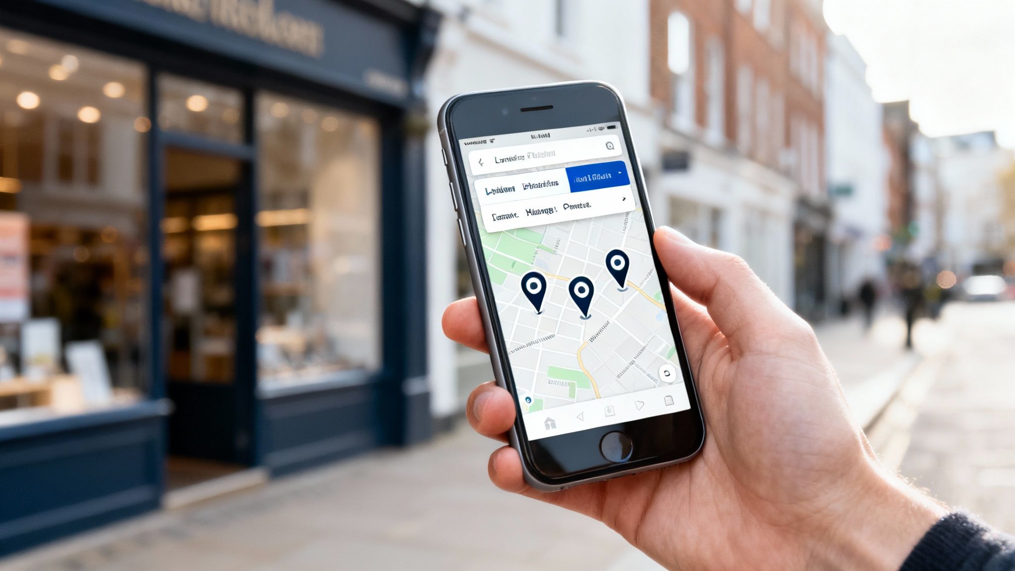 A hand holds a smartphone displaying a map application with multiple location pins on a city street background.
