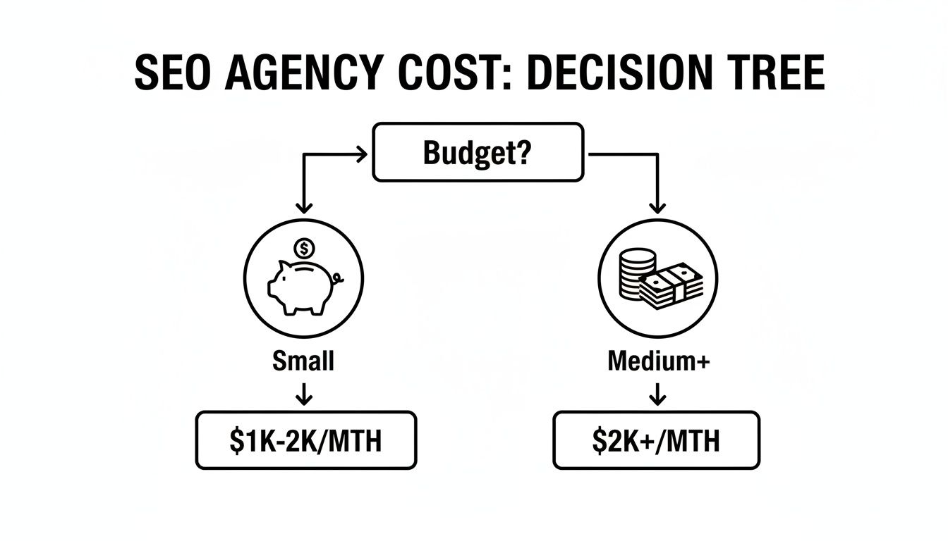 Decision tree showing SEO agency costs based on budget: small budget $1K-2K/MTH, medium+ budget $2K+/MTH.