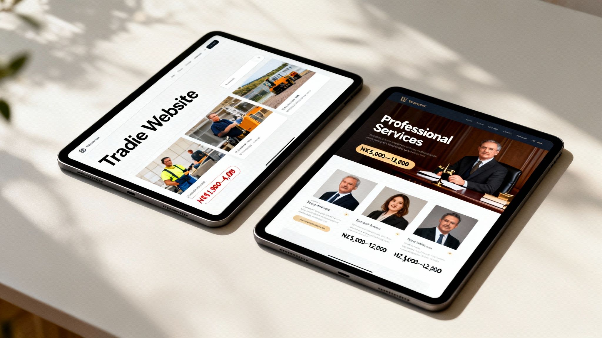 Two tablets showcasing website designs for tradies and professional services with visible pricing.