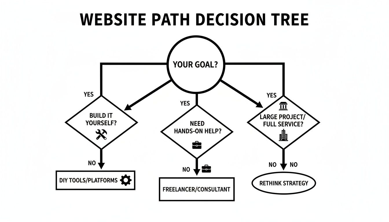 Flowchart illustrating website creation decision paths based on user goals and resources.