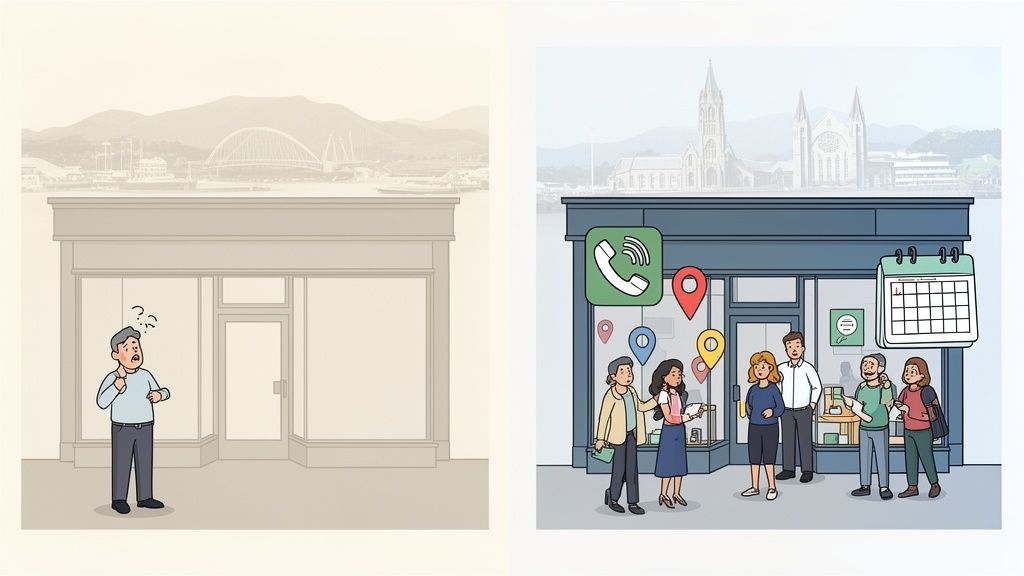 Left: Confused man outside empty store. Right: People gather near store with phone, map, calendar icons.