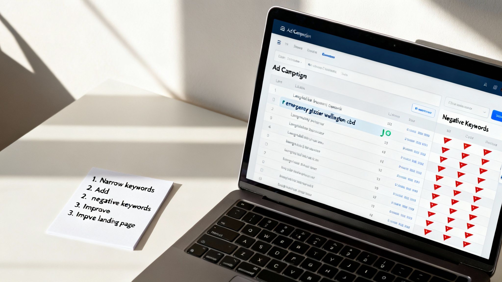 A laptop displays an ad campaign interface with keywords and negative keywords, alongside a sticky note listing SEO optimization tasks.