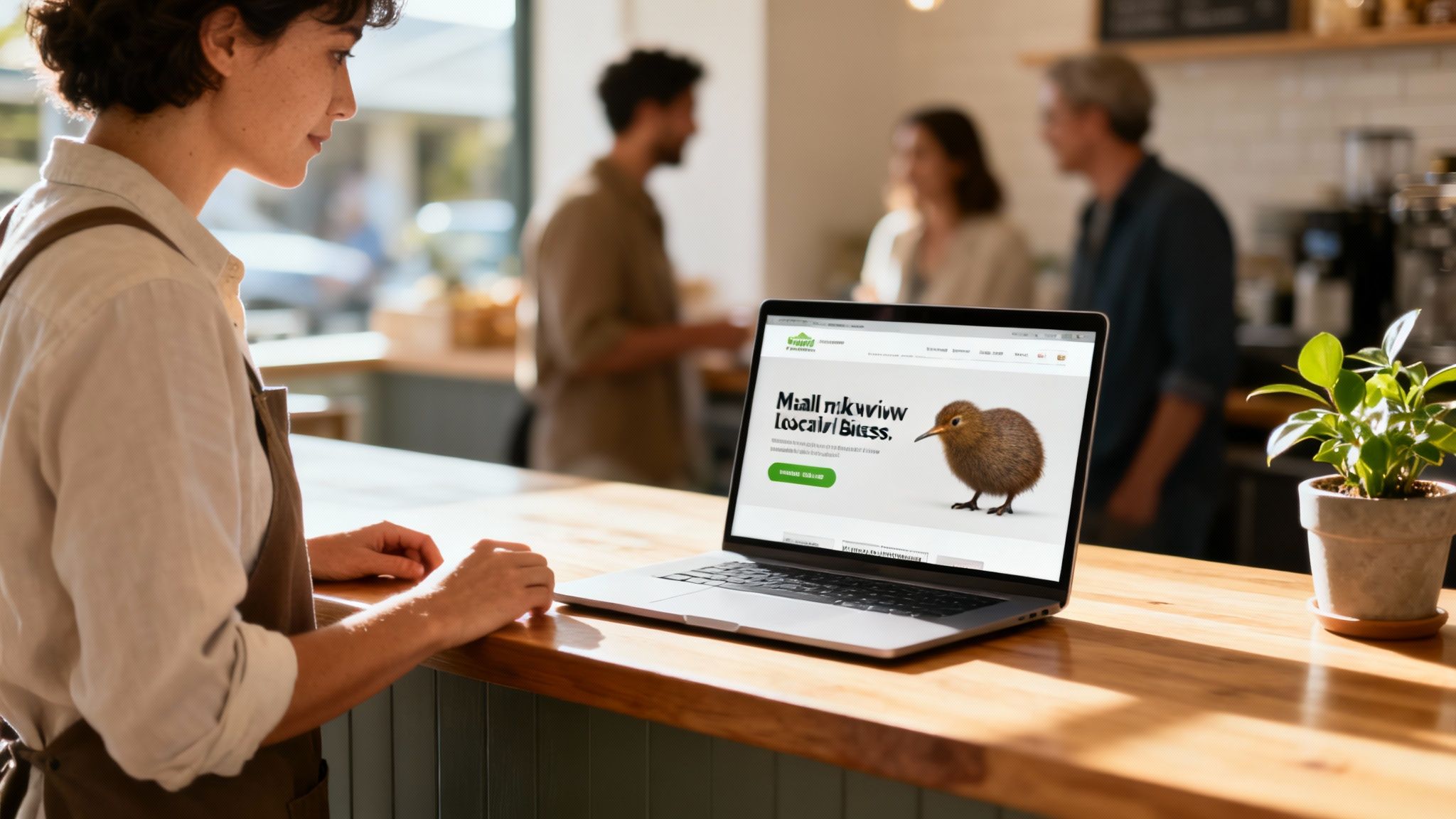 Woman working on laptop viewing local business website with kiwi bird in bright office space