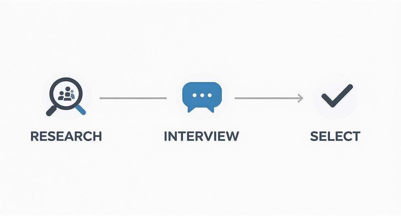 A three-step process diagram showing Research, Interview, and Select with corresponding icons and arrows.