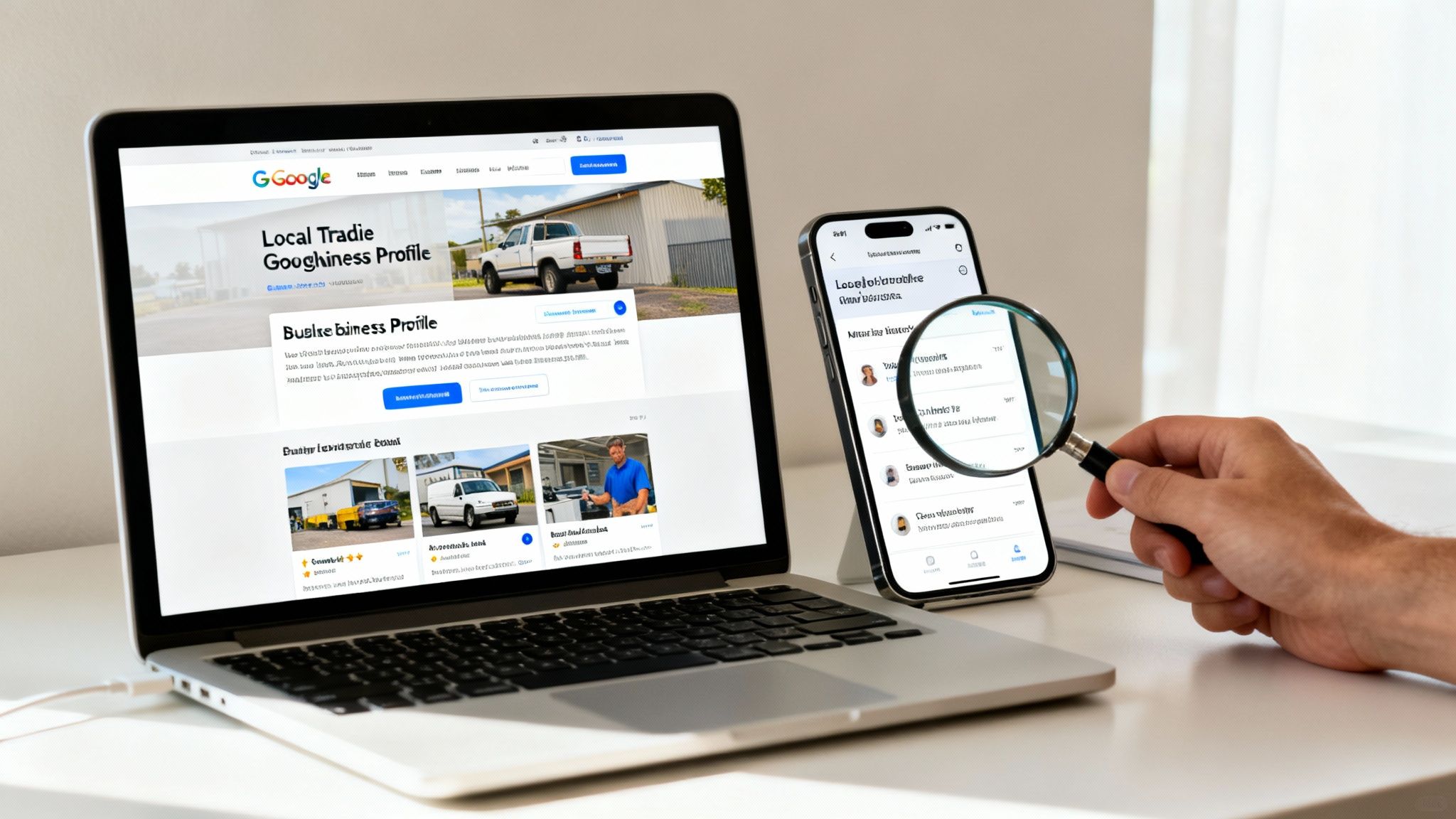 A person uses a laptop, smartphone, and magnifying glass to analyze local business profiles.