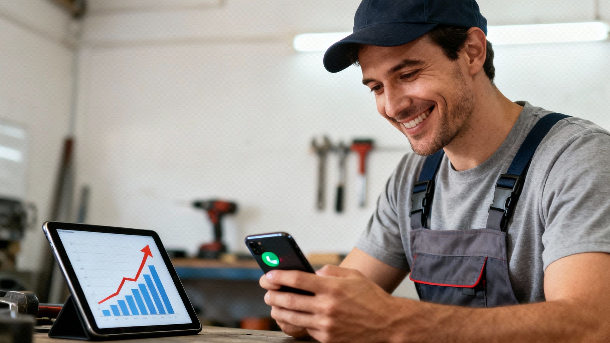 A cheerful man in a cap and overalls checking his phone, with a tablet displaying a rising sales graph.