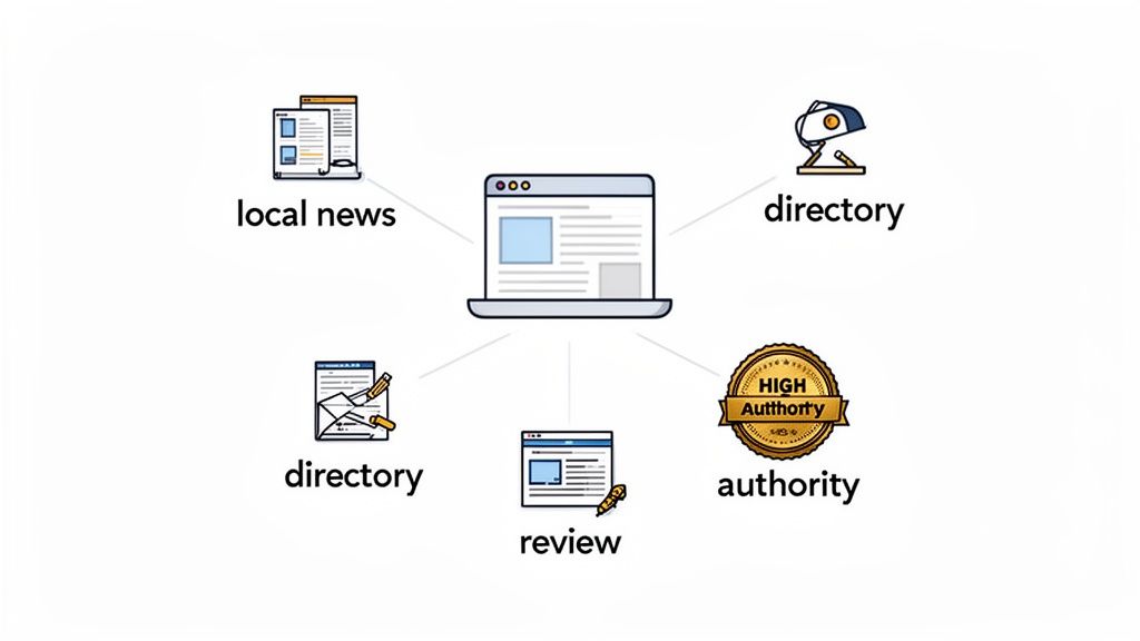 Diagram showing a central website connected to local news, directories, reviews, and high authority sources.