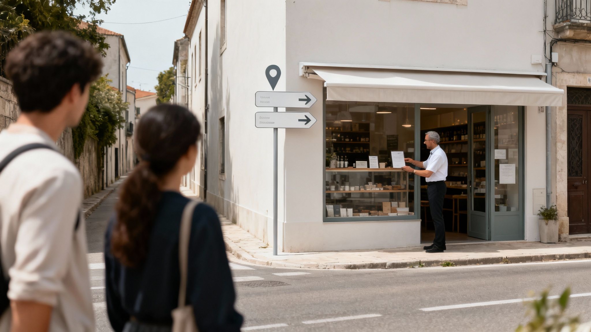 Two people walk down a sunlit street past a white shop with a directional sign.