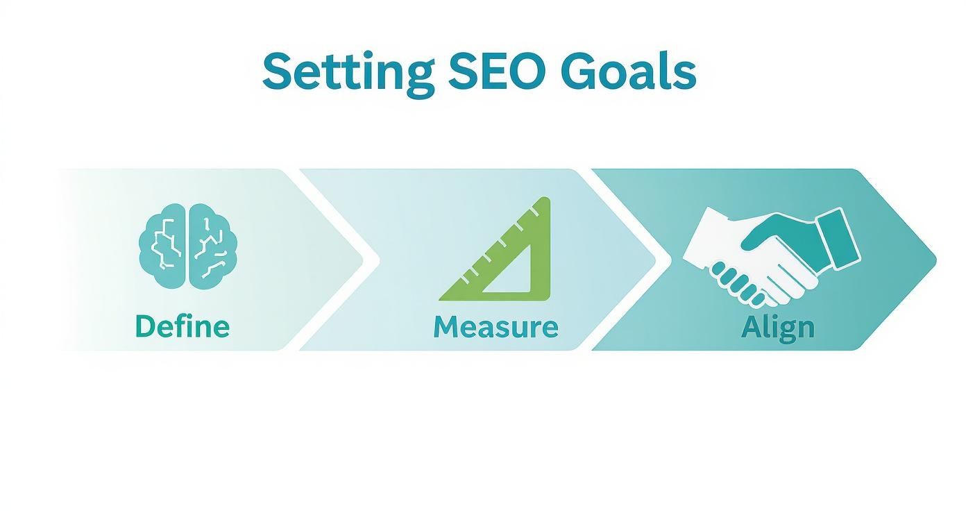 Three-step SEO goal setting process showing define, measure, and align stages with icons