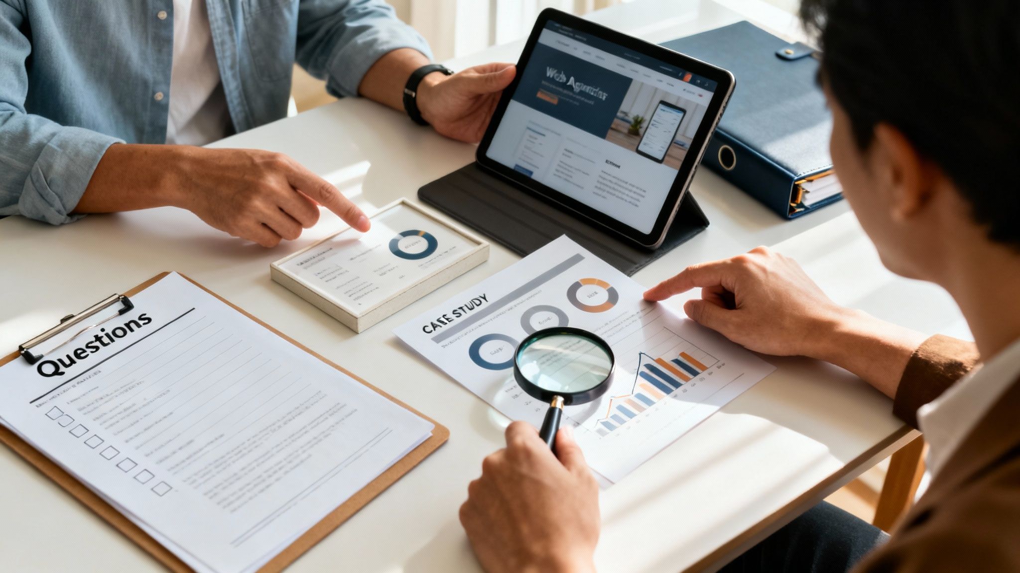 Two colleagues discuss web development data and a case study using a tablet and charts.